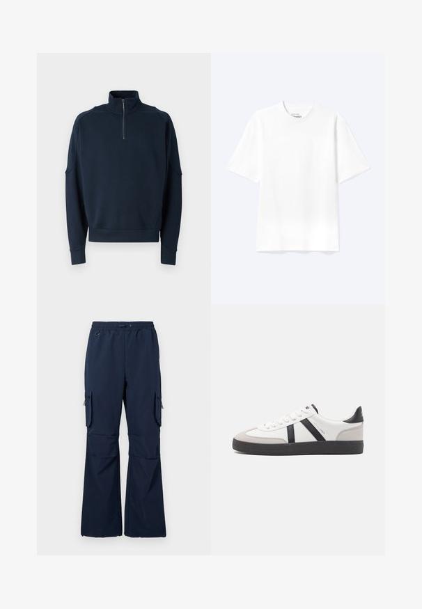 Sudadera azul marino con cremallera, que presenta un alto cuello, puños acanalados y una textura suave. Logotipo sutil en el pecho. Diseño clásico y casual.; Camiseta lisa blanca de manga corta y cuello redondo con un corte relajado, mostrada sobre un fondo claro.; Pantalones de carga en color navy hechos de una tela ligera, con cintura ajustable mediante cordón, dos bolsillos laterales y bolsillos de carga con cremallera en ambas piernas.; Zapatilla blanca con acentos en negro y gris, que presenta una puntera texturizada en gris, suela de goma negra y cordones planos blancos. Diseño limpio, estilo minimalista.