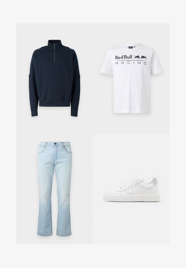 Laivastonsininen vetoketjupaita, jossa on korkea kaulus, resorihihansuut ja pehmeä pinta. Huomaamaton brändäys rinnassa. Klassinen rento muotoilu.; Red Bull Racing x Pepe Jeans TEAM LOGO - Printtipaita - white; Vaaleansiniset farkut keskitason vyötäröllä, napin ja vetoketjun suljenta, etutaskut ja hieman liehuvat lahkeet.; Valkoiset nahkakengät, joissa on sileä pinta, pyöreä kärki, litteät nauhat ja teksturoitu pohja. Harmaa mokkanahka korostaa kantapäätä.