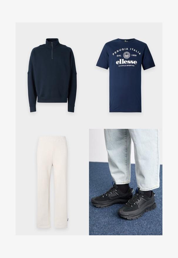 Marineblauwe rits sweatshirt met hoge kraag, geribbelde boorden en een zachte textuur. Subtiele branding op de borst. Klassiek casual ontwerp.; Marineblauwe katoenen T-shirt met witte opdruk "PERUGIA ITALIA DAL 1959" en "ellesse LO STILE SPORTIVO" op de voorkant. Korte mouwen.; Beige katoenen trainingsbroek met een elastische tailleband en geborduurd logo. Rechtaan ontwerp met een gladde textuur en subtiele stikdetails.; Zwarte sportschoenen met gestructureerde stof en rubberen zolen, met elastische veters en een blauwe accent op de hiel. Draag samen met lichte spijkerbroeken.