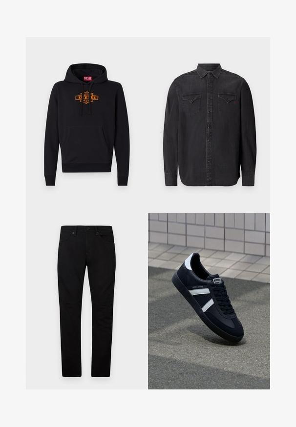 Schwarzer Hoodie mit einer vorderen Kängurutasche, Kapuze mit Kordelzug und einem orangefarbenen Grafiklogo auf der Brust. Weiches Mischmaterial aus Baumwolle.; Langärmliges schwarzes Jeanshemd mit klassischem Kragen, Druckknopfverschlüssen, zwei Brusttaschen und einem dezenten roten Logodetail.; Schwarze Freizeithosen aus Baumwollmischung mit geradem Schnitt, fünf Taschen und subtilen Kniefalten für zusätzlichen Komfort und Stil.; Schwarze Leder-Sneaker mit weißen Streifen, strukturiertem Gummisohle und Schnürung. Verfügt über ein Markenetikett auf der Zunge.