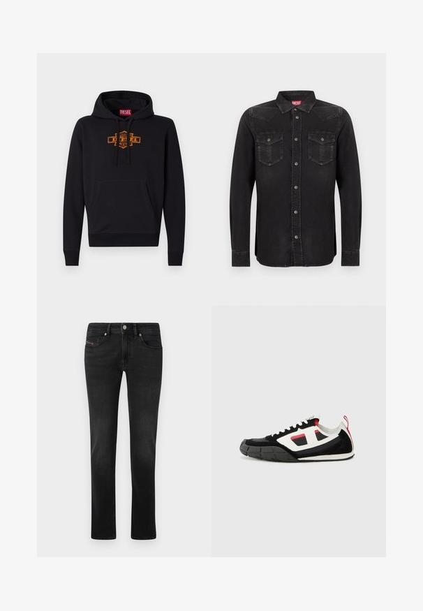 Schwarzer Hoodie mit einer vorderen Kängurutasche, Kapuze mit Kordelzug und einem orangefarbenen Grafiklogo auf der Brust. Weiches Mischmaterial aus Baumwolle.; Schwarzes Denim-Hemd mit langen Ärmeln, Druckknöpfen, spitzem Kragen und zwei Taschen vorne. Es verfügt über einen leichten Glanz und kontrastierende Nähte.; Schwarze Denim-Jeans mit geradem Bein, ausgestattet mit Vorder- und Gesäßtaschen, subtilen Ausbleichungen und einem Metallknopfverschluss.; Diesel S PAGODHA LOW - Sneaker low - black