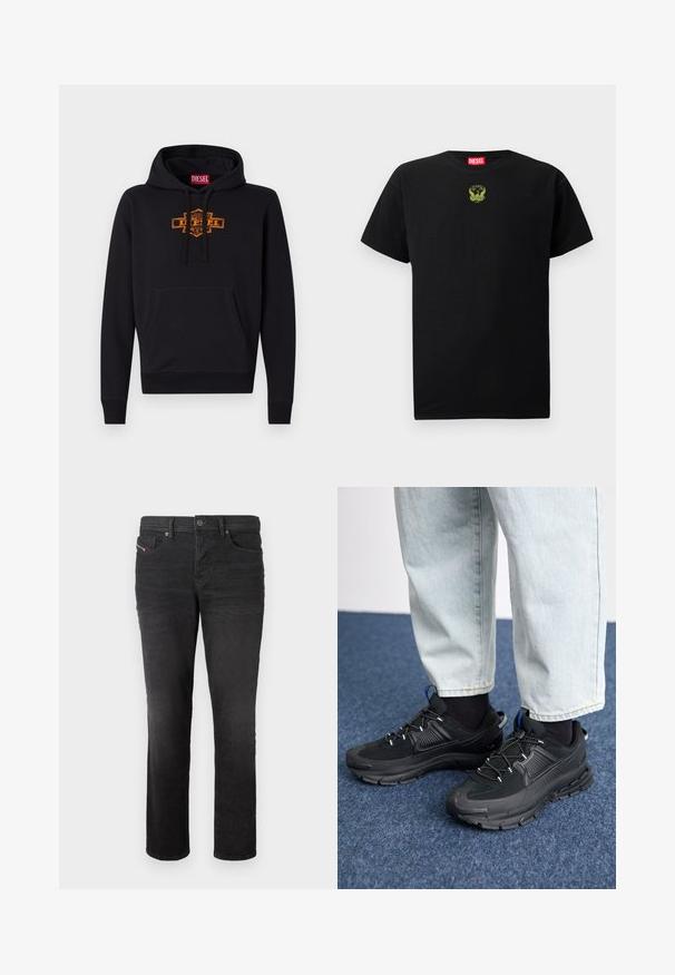 Schwarzer Hoodie mit einer vorderen Kängurutasche, Kapuze mit Kordelzug und einem orangefarbenen Grafiklogo auf der Brust. Weiches Mischmaterial aus Baumwolle.; Schwarzes Baumwoll-T-Shirt mit kurzen Ärmeln, das ein kleines, grünes gesticktes Logo auf der Brust und einen runden Halsausschnitt aufweist.; Schwarze Denim-Jeans mit geradem Bein, ausgestattet mit fünf Taschen, einem Knopfverschluss und subtilen Nähdetails auf der Vorderseite.; Schwarze Sportschuhe aus strukturiertem Stoff mit Gummisohlen, ausgestattet mit elastischen Schnürsenkeln und einem blauen Akzent an der Ferse. Getragen mit hellen Jeans.