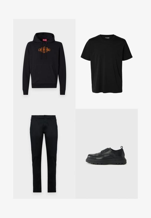 Schwarzer Hoodie mit einer vorderen Kängurutasche, Kapuze mit Kordelzug und einem orangefarbenen Grafiklogo auf der Brust. Weiches Mischmaterial aus Baumwolle.; Schlichtes schwarzes T-Shirt mit kurzen Ärmeln und Rundhalsausschnitt in Herrenform, ohne sichtbare Muster oder Logos auf der Vorderseite.; Schwarze, gewebte Hosen mit schlankem Schnitt, ausgestattet mit Standardtaschen, einer vorderen Knopfverschluss und kontrastierenden Nähten. Glatte Textur, ohne Muster.; Schwarze Leder Schnürschuhe mit klobiger Sohle und Zugschlaufe an der Ferse, seitliche Ansicht vor hellem einfarbigen Hintergrund.