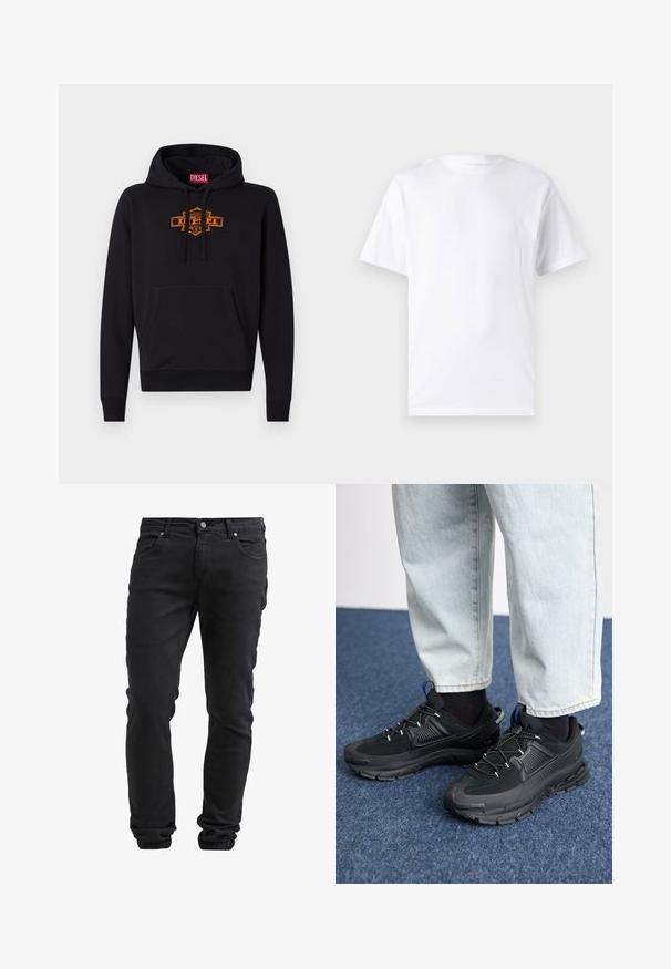 Schwarzer Hoodie mit einer vorderen Kängurutasche, Kapuze mit Kordelzug und einem orangefarbenen Grafiklogo auf der Brust. Weiches Mischmaterial aus Baumwolle.; Weißes kurzärmeliges T-Shirt aus Baumwolle mit Rundhalsausschnitt, das eine glatte Textur und ein einfaches Design ohne Muster oder Akzente aufweist.; Schwarze Slim-Fit-Jeans mit Knopf- und Reißverschluss, fünf Taschen und elastischen Bündchen an den Knöcheln.; Schwarze Sportschuhe aus strukturiertem Stoff mit Gummisohlen, ausgestattet mit elastischen Schnürsenkeln und einem blauen Akzent an der Ferse. Getragen mit hellen Jeans.