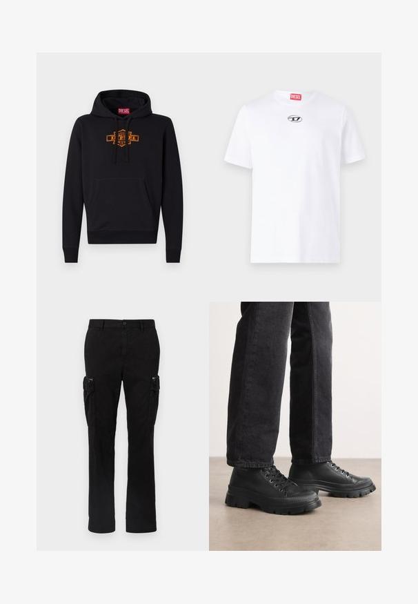Sort hættetrøje med en frontlomme, snøre i hætten og et orange grafisk logo på brystet. Blødt bomuldsblandingsmateriale.; Hvid bomulds t-shirt med korte ærmer, der har en rund halsudskæring og et sølv Diesel logo-patch på brystet. Enkel design, ensfarvet.; Sorte cargo-bukser lavet af bomuld, med to sidelommer, lige ben-design og synlige stikninger på sømmene.; Sorte snørebåndssko med en chunky, struktureret sål og glat overdel. Har metaløjer og en ribbet detalje rundt om tåen.
