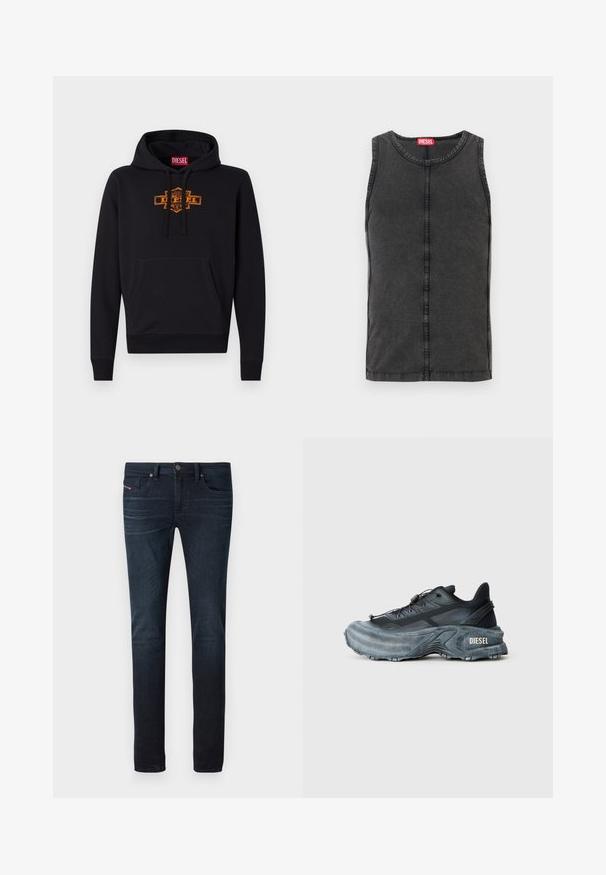 Schwarzer Hoodie mit einer vorderen Kängurutasche, Kapuze mit Kordelzug und einem orangefarbenen Grafiklogo auf der Brust. Weiches Mischmaterial aus Baumwolle.; Ärmelloses schwarzes Denim-Top mit runder Ausschnitt, sichtbaren Nähten und einem roten Markenetikett am Kragen.; Dunkelblaue Slim-Fit-Jeans mit leichtem Verblassen an den Oberschenkeln, Fronttaschen, Gürtelschlaufen und Knopfverschluss an der Taille.; Schwarz- und graue Diesel-Sneaker mit dicker Sohle, Schnürverschluss und strukturiertem Design auf einem schlichten hellgrauen Hintergrund.