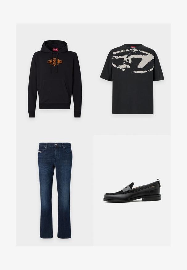 Sudadera negra con un bolsillo frontal tipo canguro, capucha con cordón y un logo gráfico naranja en el pecho. Material de suave mezcla de algodón.; Camiseta negra con un gran gráfico abstracto en gris claro en la parte frontal. Mangas cortas y un cuello redondeado clásico. Material de algodón.; Jeans de mezclilla en azul oscuro con un corte recto. Presentan cinco bolsillos, un cierre con botón de metal y un sutil bordado en el bolsillo trasero.; Mocasín de cuero negro con detalle de tira gris, tacón bajo y suela texturizada, con la marca "HUGO" en oro en el lateral.