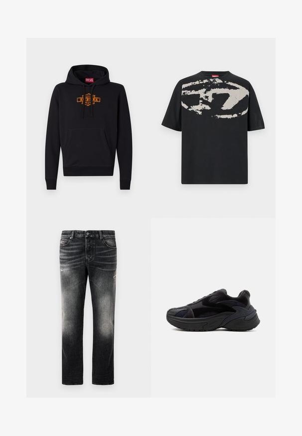 Sudadera negra con un bolsillo frontal tipo canguro, capucha con cordón y un logo gráfico naranja en el pecho. Material de suave mezcla de algodón.; Camiseta negra con un gran gráfico abstracto en gris claro en la parte frontal. Mangas cortas y un cuello redondeado clásico. Material de algodón.; Jeans negros con acabado desgastado y toques rasgados, diseño estándar de cinco bolsillos y cierre con cremallera. Elaborados en tela de denim.; Zapatilla negra gruesa con suela gruesa, paneles de ante y malla, y detalles de diseño texturizados en el lateral y la puntera.