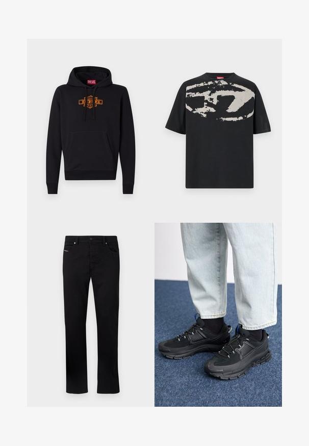 Sort hættetrøje med en frontlomme, snøre i hætten og et orange grafisk logo på brystet. Blødt bomuldsblandingsmateriale.; Sort t-shirt med et stort, abstrakt lys grå grafik foran. Korte ærmer og en klassisk rund halsudskæring. Materialet er bomuld.; Sorte denimbukser med lige ben-design, fem lommer og metalknaplukning. Har diskret syning på frontlommen.; Sorte træningssko med tekstureret stof og gummisåler, udstyret med elastiske snørebånd og en blå detalje på hælen. Bæres med lyse denimbukser.