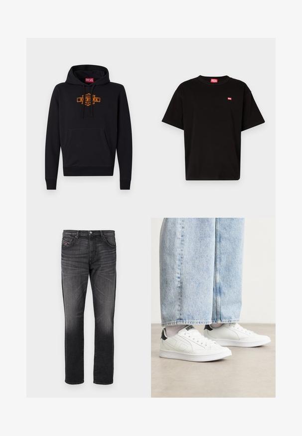 Sort hættetrøje med en frontlomme, snøre i hætten og et orange grafisk logo på brystet. Blødt bomuldsblandingsmateriale.; Sort bomulds T-shirt med rund halsudskæring, korte ærmer og et lille rødt Diesel-logo på brystet. Lige nederste kant, minimalistisk design.; Sorte denim jeans med lige ben, fem lommer, subtil falming og et lille rødt stofmærke på forlommen.; Hvide sneakers med en glat lædertekstur, sorte hæl detaljer og perforerede elementer. Sammen med lyseblå bukser med vide ben i denim.