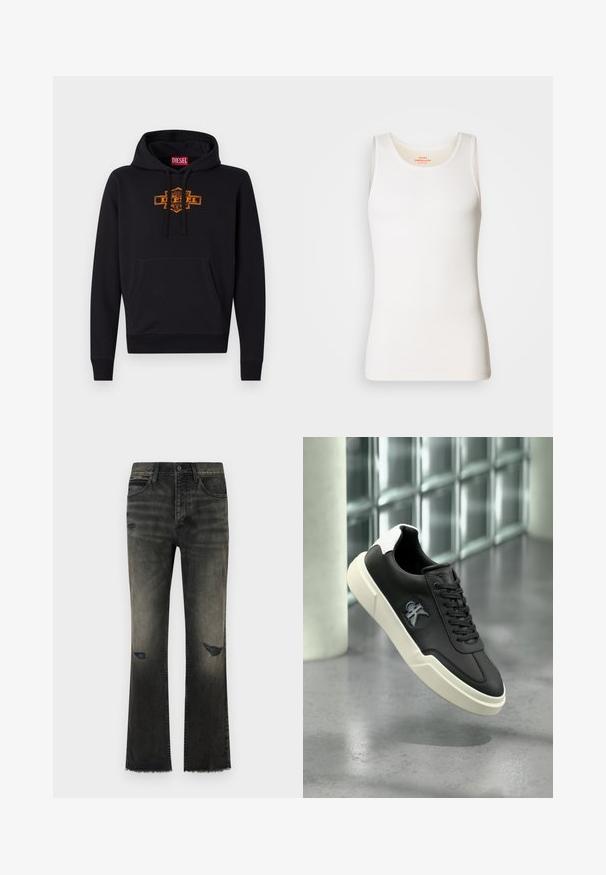 Schwarzer Hoodie mit einer vorderen Kängurutasche, Kapuze mit Kordelzug und einem orangefarbenen Grafiklogo auf der Brust. Weiches Mischmaterial aus Baumwolle.; Weißes, geripptes Tanktop mit rundem Ausschnitt und breiten Schulterträgern. Glatte Textur und figurbetontes Design.; Schwarze, ausgebogene Jeans aus Denim mit einem verblassten Finish, sichtbaren Gebrauchsspuren und ausgefranstem Saum. Merkmale sind der klassische Fünf-Taschen-Stil und ein Metallknopfverschluss.; Schwarzer Sneaker mit weißer Sohle und Fersenlasche, auf der Seite mit erhabenem "ck"-Logo, präsentiert vor einem grauen, polierten Boden und einer Wand aus Glasbausteinen.