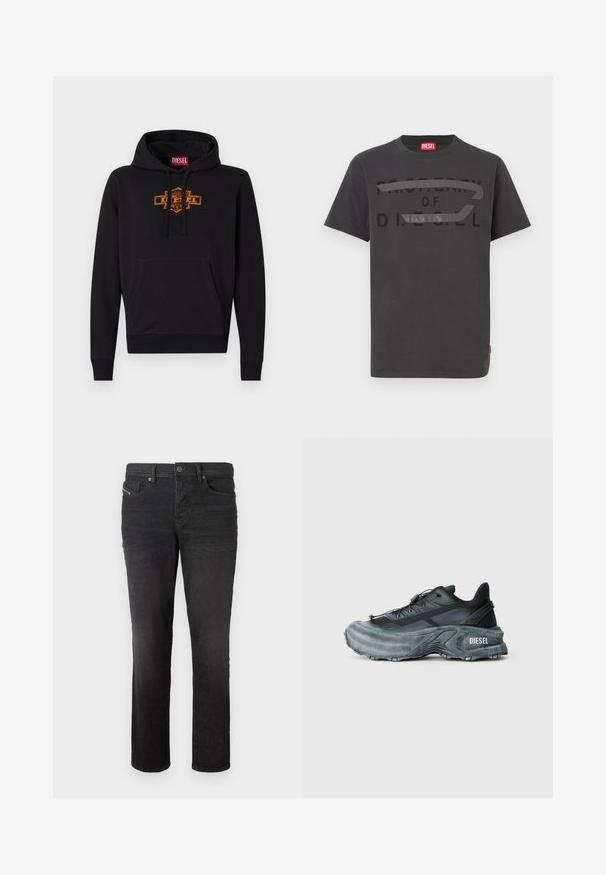 Sudadera negra con un bolsillo frontal tipo canguro, capucha con cordón y un logo gráfico naranja en el pecho. Material de suave mezcla de algodón.; Camiseta de algodón gris con texto negro en negrita que dice "PROPIEDAD DE D.I.E.S.E.L.", textura suave y mangas cortas.; Jeans de mezclilla negra con un diseño de pierna recta, que cuentan con cinco bolsillos, un cierre de botón y detalles de costura sutiles en la parte frontal.; Zapatilla Diesel en negro y gris con suela gruesa, cierre de cordón y diseño texturizado sobre un fondo liso de color gris claro.