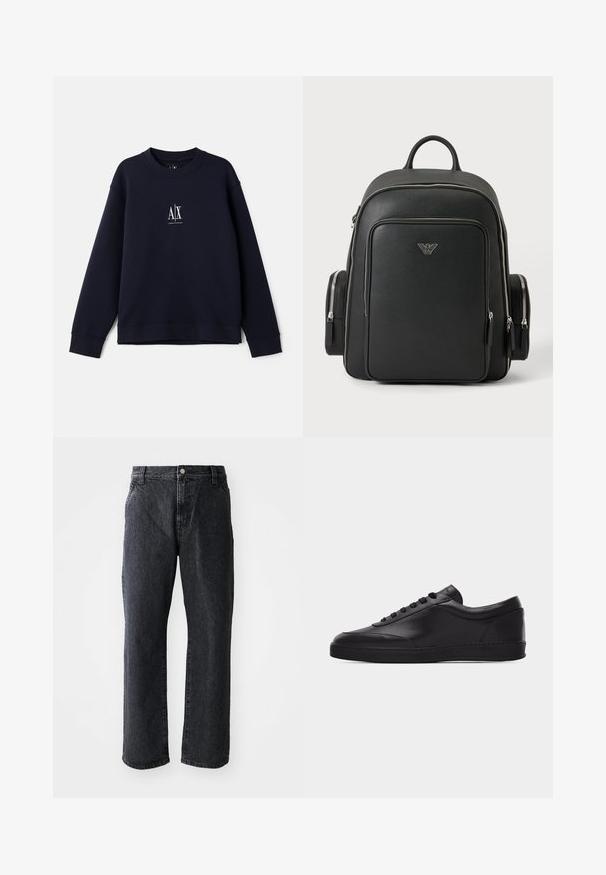 Sweat-shirt bleu marine en coton doux, avec un col rond, des manches longues et un petit logo blanc sur la poitrine.; Jeans en denim noir à coupe droite, avec une fermeture à bouton, cinq poches et une texture subtile. Design classique sans motifs proéminents.; Baskets basses en cuir noir avec lacets sur le devant et semelle en caoutchouc plate, vues de côté sur un fond blanc uni.; Sac à dos noir avec des fermetures éclair argentées, des poches frontales et latérales, et un petit logo aigle Armani argenté au centre de la face avant.