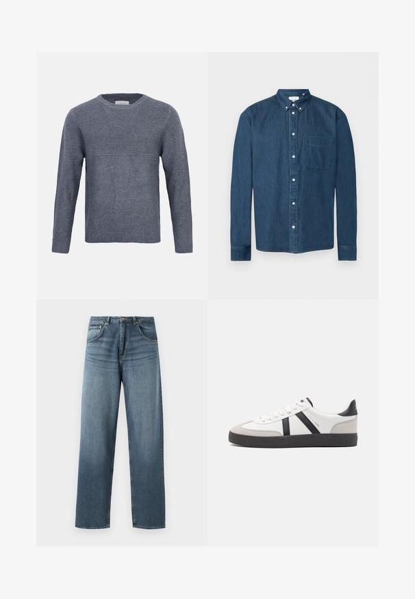 Pull gris en maille, manches longues, avec texture côtelée sur le haut de la poitrine et les manches, maille unie sur le bas du buste et les poignets, col rond.; Chemise en denim bleu foncé boutonnée, manches longues, une poche avant à gauche et un col boutonné, présentée sur fond blanc.; Jean en denim bleu à jambe droite avec un délavage, présentant un design à cinq poches, un bouton en métal et des passants de ceinture. Tissu structuré de poids moyen.; Baskets blanches avec des accents noirs et gris, présentant un embout texturé gris, une semelle en caoutchouc noir et des lacets plats blancs. Design épuré, style minimaliste.
