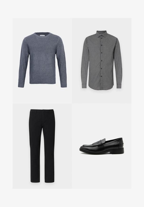 Pull gris en maille, manches longues, avec texture côtelée sur le haut de la poitrine et les manches, maille unie sur le bas du buste et les poignets, col rond.; Chemise à manches longues à carreaux noirs et blancs avec un col boutonné, offrant une coupe régulière et une fermeture à boutons sur le devant. Tissu texturé.; Chinos noirs à coupe droite, fabriqués en mélange de coton lisse, avec passants pour ceinture et fermeture avant par bouton.; Mocassin homme en cuir noir avec détail pompon, bout arrondi, talon bas et finition polie lisse, montré de profil sur fond blanc.