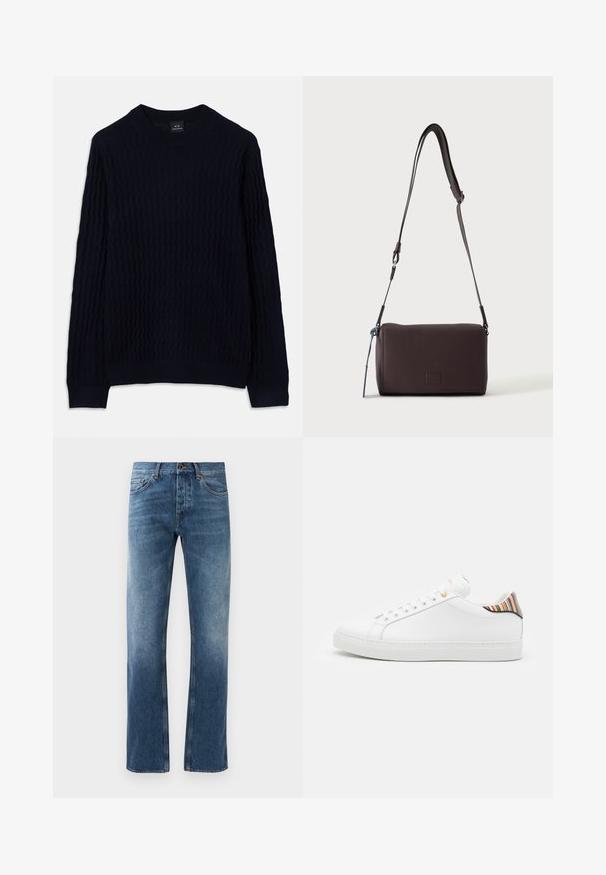 Suéter de manga larga azul marino con un patrón de punto texturizado en ondas y cuello redondo acanalado, puños y dobladillo de Armani Exchange.; Pantalones vaqueros de denim azul con un diseño de pierna recta, lavado desgastado, cinco bolsillos y costuras en contraste. Cierre de botón y cremallera en la cintura.; Zapatilla de cuero blanca con un acabado suave, que presenta un acento de rayas coloridas en el talón, ojal dorado y suela plana blanca.; Bolso bandolera de cuero marrón oscuro con textura, correa ajustable y pequeño adorno decorativo azul en el lateral.