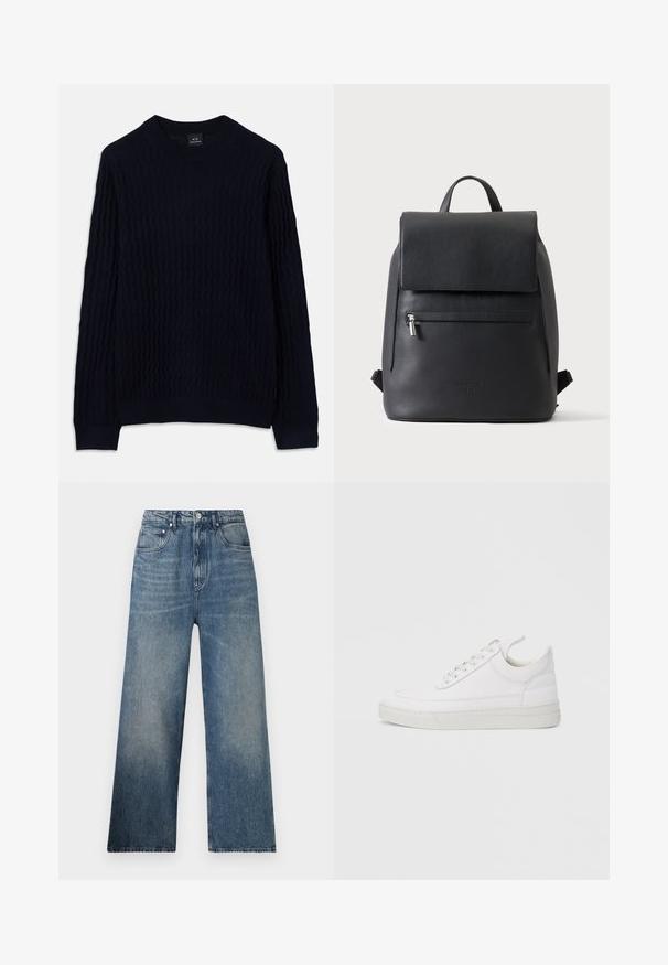 Suéter de manga larga azul marino con un patrón de punto texturizado en ondas y cuello redondo acanalado, puños y dobladillo de Armani Exchange.; Jeans de mezclilla azul de pierna ancha con cintura alta, que presentan un desgaste sutil, cinco bolsillos y un cierre de botón metálico en la parte delantera.; Zapatilla blanca de cuero con punta redondeada, suela plana y cierre de cordones. Presenta detalles de costuras y un cuello acolchado para mayor comodidad.; Mochila de cuero negra con un bolsillo delantero con cremallera y cierre superior con solapa, sobre un fondo claro y liso.