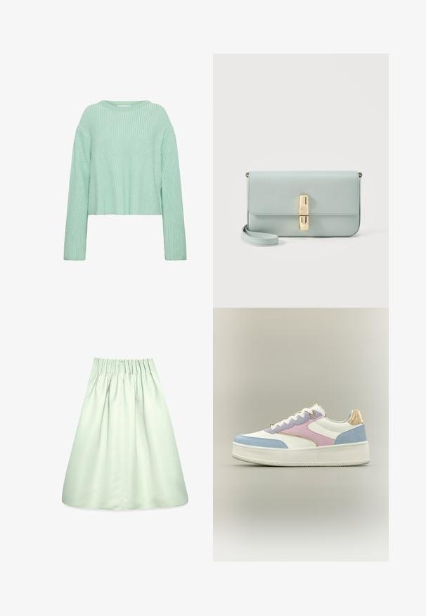 Suéter corto verde claro con textura acanalada, mangas largas y patrones diagonales distintivos en el cuerpo y las mangas.; Falda verde claro, hasta la rodilla, con una cinturilla elástica, que presenta una tela suave y lisa y un diseño fruncido para un ajuste relajado.; Zapatilla deportiva de plataforma blanca con paneles en azul pastel, rosa y lavanda, cordones blancos y detalle metálico dorado en el talón sobre fondo liso.; Bolso de mano de cuero azul claro con cierre rectangular dorado y correa de muñeca desmontable sobre fondo blanco.