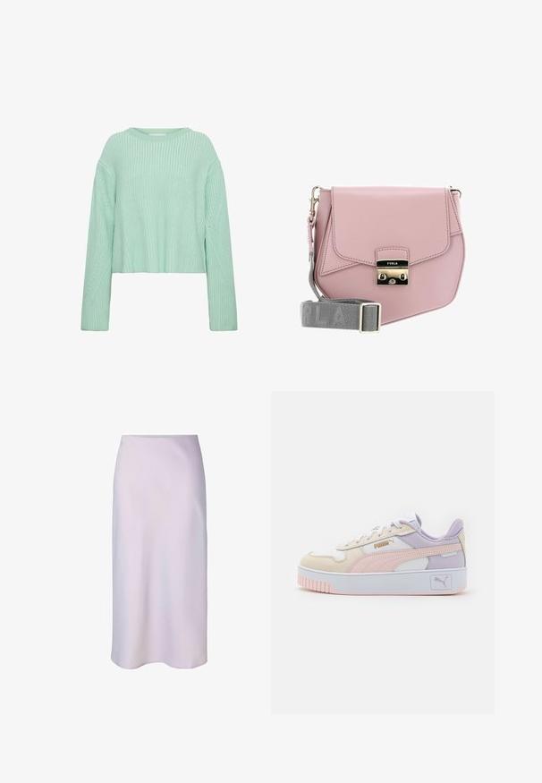 Suéter corto verde claro con textura acanalada, mangas largas y patrones diagonales distintivos en el cuerpo y las mangas.; Falda midi lila claro con corte recto y textura suave, diseñada para un ajuste impecable y elegante.; Zapatillas de hombre en crema, rosa y lavanda, con piel sintética, cordones blancos, suela gruesa blanca y acentos de logo en dorado.; Bolso cruzado de cuero rosa con cierre de solapa, hardware plateado y una correa gris con el nombre de la marca. Textura suave, diseño minimalista.