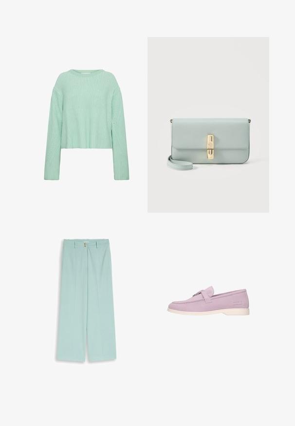 Lys grøn cropped sweater med ribbet tekstur, lange ærmer og karakteristiske diagonale mønstre på kroppen og ærmerne.; Lyseblå bukser med vidde, høj talje, dobbelt knaplukning, bæltestropper og subtile folder foran.; Lilla ruskind loafers med en syet design og gummisål. Har en frontrem med et metalemblem og præget logo på siden.; Lyseblå læder clutch med guldfarvet rektangulært spænde og aftagelig håndledsrem på hvid baggrund.