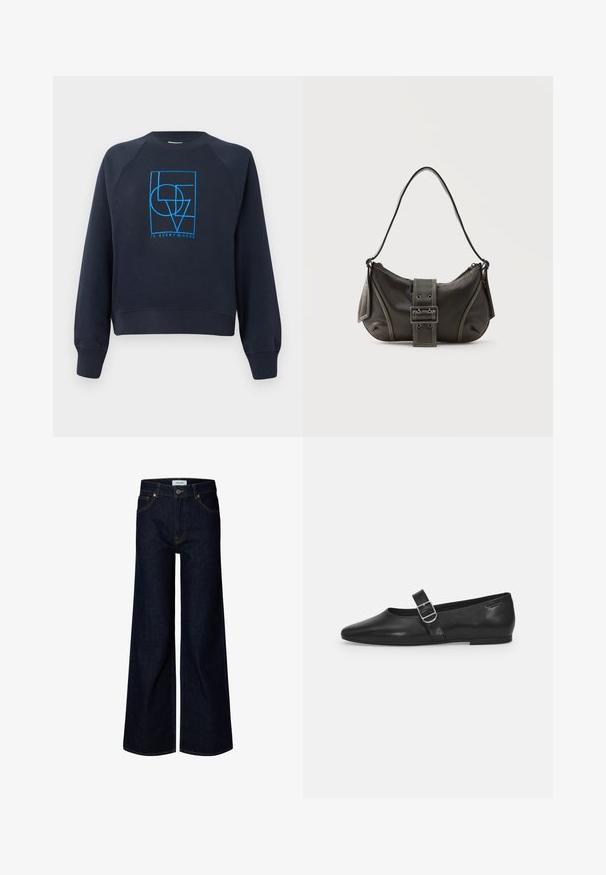 Marinblaues Crewneck-Sweatshirt mit langen Ärmeln, ausgestattet mit einem blauen geometrischen Design "LOVE ist überall", das mittig auf der Brust platziert ist.; Dunkelblaue Denim-Jeans mit weitem Bein, vorne mit Knopf und Reißverschluss, Gürtelschlaufen und vorderen Taschen, auf weißem Hintergrund dargestellt.; Schwarzer Lederflatschuh mit runder Zehenform, einem verstellbaren Schnallenriemen und einer glatten, glänzenden Oberfläche. Minimalistisches Design mit einem niedrigen Absatz.; Schwarze Leder-Schultertasche mit Schnallengurt-Detail, abgerundeten Kanten und kontrastierenden weißen Nähten auf schlichtem Hintergrund.