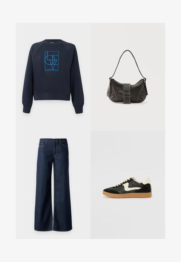 Sweatshirt bleu marine à col rond avec manches longues, présentant un design géométrique bleu "L'AMOUR est partout" centré sur la poitrine.; Jean large en denim bleu foncé. Présente des coutures contrastées, cinq poches et une fermeture par bouton à la taille. Texture lisse.; Baskets en daim et cuir noir avec un swoosh latéral crème et un talon crème clair. Dotées de lacets beige et d'une semelle en caoutchouc gomme.; Sac à épaule en cuir noir avec une sangle à boucle, des bords arrondis et des coutures blanches contrastées sur un fond uni.
