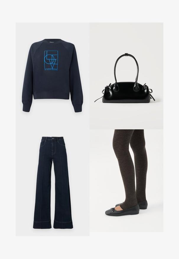 Marineblauwe sweatshirts met ronde hals en lange mouwen, met een blauw geometrisch ontwerp "LOVE is everywhere" in het midden van de borst.; Donkerblauwe, wijde jeans met een hoge taille, voorzien van voorzakken en zichtbare stiksels. Gemaakt van denimstof met een gladde textuur.; Benen met donkere geribbelde leggings gecombineerd met zwarte ballerina's met kleine strikdetails op een witte achtergrond.; Kleine zwarte glanzende handtas met twee lange hengsels en zijkant trekkoord details op een effen lichte achtergrond.