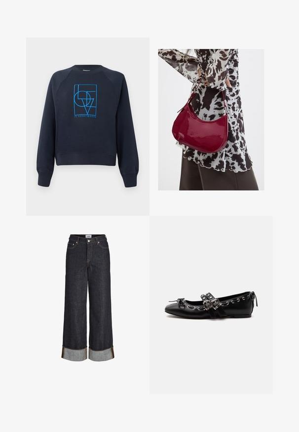 Sweatshirt bleu marine à col rond avec manches longues, présentant un design géométrique bleu "L'AMOUR est partout" centré sur la poitrine.; Jean large bleu foncé avec ourlets retroussés, cinq poches et surpiqûres contrastantes jaunes.; Chaussure de ballet plate noire avec doubles brides à boucle, œillets argentés et petit nœud près de l’orteil arrondi sur fond blanc.; Femme portant un chemisier à motif noir et blanc tenant un sac à main rouge brillant sur un fond uni.