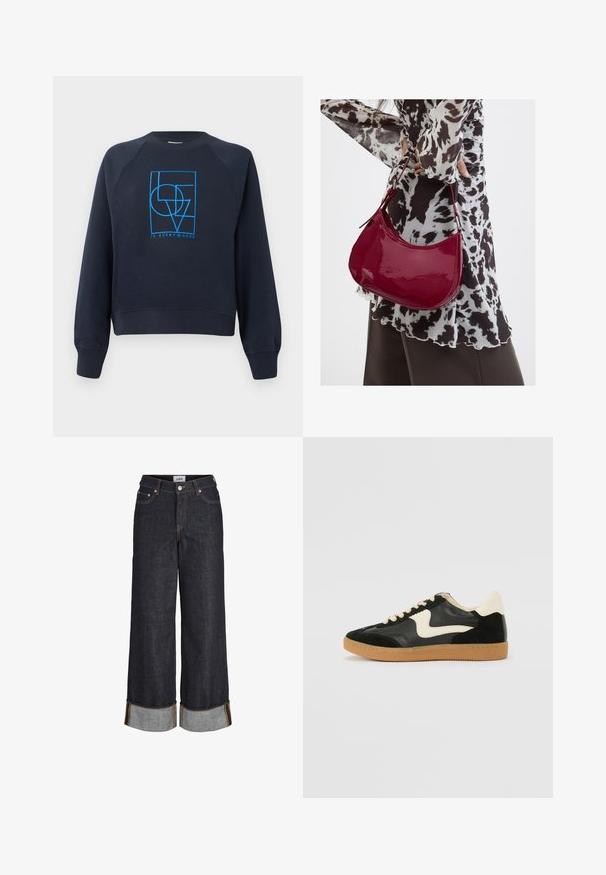 Marinblaues Crewneck-Sweatshirt mit langen Ärmeln, ausgestattet mit einem blauen geometrischen Design "LOVE ist überall", das mittig auf der Brust platziert ist.; Dunkelblaue Jeans mit weitem Bein, aufgeschlagenen Säumen, fünf Taschen und kontrastierenden gelben Nähten.; Schwarze Wildleder- und Leder-Sneaker mit einem cremefarbenen Seiten-Swoosh und einer hellcremefarbenen Ferse. Ausgestattet mit beige Schnürsenkeln und einer Gummilaufsohle.; Frau trägt eine schwarz-weiß gemusterte Bluse und hält eine glänzende rote Schultertasche vor einem einfarbigen Hintergrund.