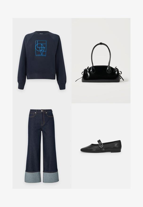 Marinblaues Crewneck-Sweatshirt mit langen Ärmeln, ausgestattet mit einem blauen geometrischen Design "LOVE ist überall", das mittig auf der Brust platziert ist.; Weite Jeans aus dunklem Denim mit einem helleren Denimabschluss. Das Design umfasst Fronttaschen und kontrastierende Nähte.; Schwarzer Lederflatschuh mit runder Zehenform, einem verstellbaren Schnallenriemen und einer glatten, glänzenden Oberfläche. Minimalistisches Design mit einem niedrigen Absatz.; Kleine schwarze glänzende Handtasche mit zwei langen Griffen und seitlichen Kordelzug-Details vor einfachem hellem Hintergrund.