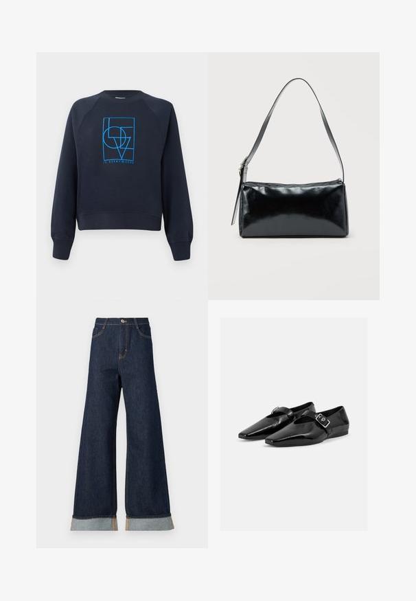 Sweatshirt bleu marine à col rond avec manches longues, présentant un design géométrique bleu "L'AMOUR est partout" centré sur la poitrine.; Jean en denim foncé à jambes larges avec des coutures orange, présentant une taille haute, deux poches avant et des ourlets retroussés mettant en valeur un tissu contrastant bleu clair.; Paire de chaussures plates en cuir verni noir à bouts pointus avec une bride à boucle sur le dessus, montrée sur un fond clair uni.; Sac d'épaule rectangulaire noir avec une sangle réglable unique et une fermeture éclair supérieure sur un fond uni.