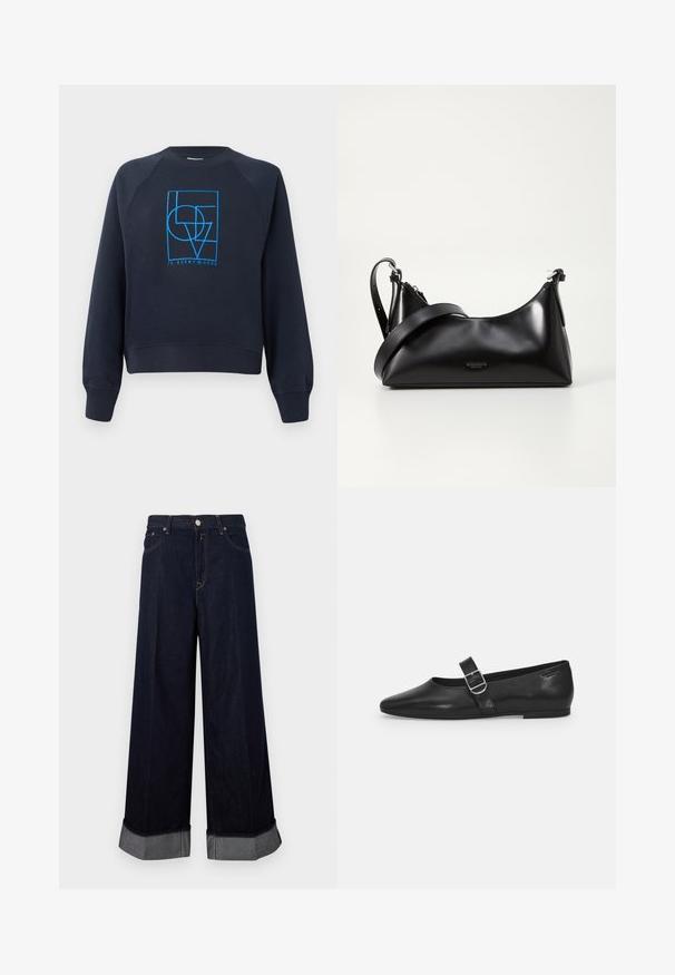 Marineblå crewneck sweatshirt med lange ærmer, med et blåt geometrisk design "KÆRLIGHED er overalt" centreret på brystet.; Bukser i mørkt denim med vide ben og høj talje, der har lukning med knap og lynlås, kontrastsyninger og opbukket kant med grå detaljer.; Sorte læder flade sko med rund tå, et enkelt justerbart spænde og en glat, blank overflade. Minimalistisk design med en lav hæl.; Sort læderhåndtaske med en glat tekstur. Har en justerbar stropp og et enkelt, minimalistisk design med lynlås.