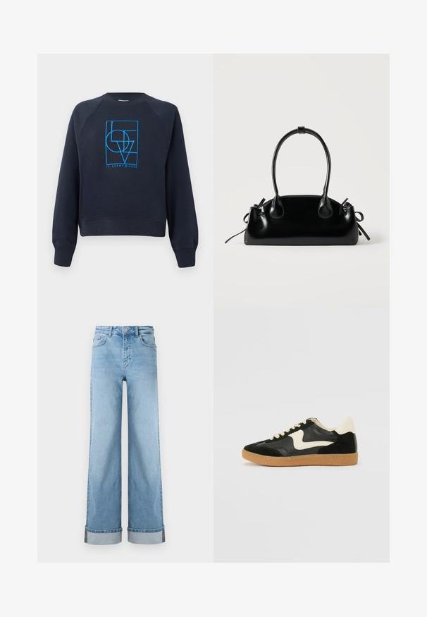 Marineblå crewneck sweatshirt med lange ærmer, med et blåt geometrisk design "KÆRLIGHED er overalt" centreret på brystet.; Lyseblå, vide jeans i klassisk denim med høj talje, prydet med opbrettede kanter og synlig søm.; Sorte ruskinds- og lædersneakers med en cremefarvet side-swoosh og lys cremefarvet hæl. Har beige snørebånd og en gummirubber-sål.; Lille sort blank håndtaske med to lange håndtag og snøre-detaljer i siden på en ensfarvet lys baggrund.
