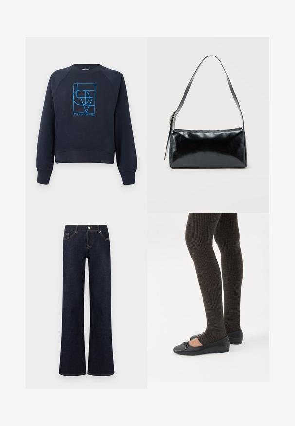 Marineblauwe sweatshirts met ronde hals en lange mouwen, met een blauw geometrisch ontwerp "LOVE is everywhere" in het midden van de borst.; Donkerblauwe denim jeans met wijde pijpen, voorzakken, knoop- en ritssluiting, en zichtbare contrasterende stiksels.; Benen met donkere geribbelde leggings gecombineerd met zwarte ballerina's met kleine strikdetails op een witte achtergrond.; Zwarte rechthoekige schoudertas met een enkele verstelbare band en een bovenste ritssluiting op een effen achtergrond.