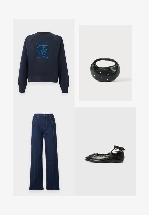 Marineblå crewneck sweatshirt med lange ærmer, med et blåt geometrisk design "KÆRLIGHED er overalt" centreret på brystet.; Mørkeblåt denim brede ben jeans med fremtrædende syninger, høj talje og fem lommer. Har en front lukning med knap og lynlås.; Sorte balletflade sko i laklæder med rundet tå, snørelukning og flad sål. Glat tekstur med få detaljer.; Sort læderhåndtaske med en rundet form, dekoreret med sølvnitter, og et kort håndtag. Glat tekstur og lynlåslukning.