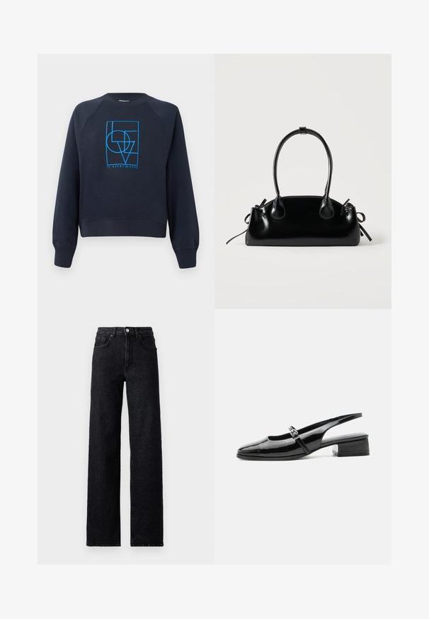 Sweatshirt bleu marine à col rond avec manches longues, présentant un design géométrique bleu "L'AMOUR est partout" centré sur la poitrine.; Jean en denim noir taille haute avec fermeture à bouton et à glissière, poches avant et arrière, et coupe droite.; Chaussure slingback en cuir verni noir avec un petit talon bloc et une fine bride avec une boucle argentée sur le dessus.; Petit sac à main noir brillant avec deux longues anses et des détails à cordon sur les côtés sur un fond clair uni.