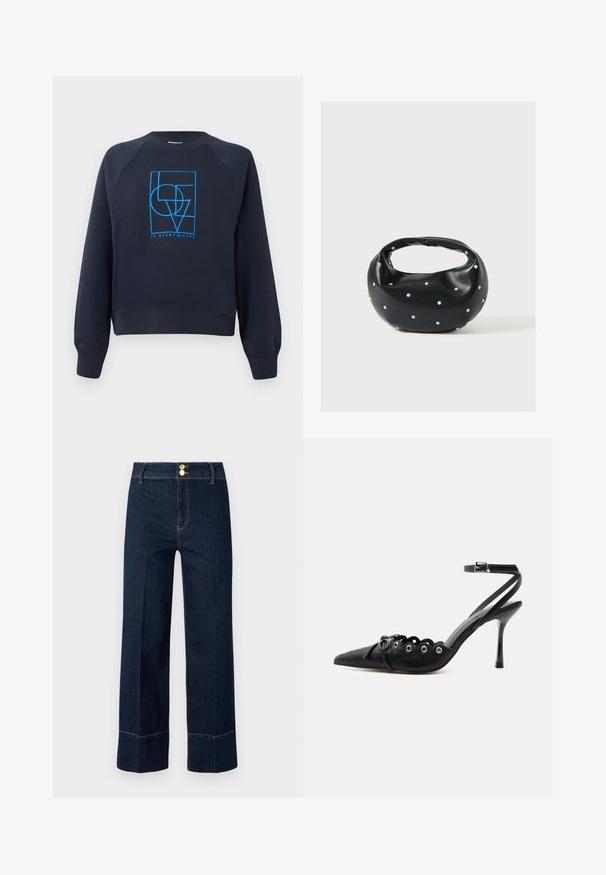 Sweatshirt bleu marine à col rond avec manches longues, présentant un design géométrique bleu "L'AMOUR est partout" centré sur la poitrine.; Jeans taille haute large bleu marine avec double bouton doré et surpiqûres orange visibles sur un fond clair.; Chaussure à talon haut noire à bout pointu, bords festonnés, œillets métalliques, lacets à l'avant et bride de cheville avec fermeture à boucle.; Sac à main en cuir noir de forme arrondie, décoré de clous argentés et équipé d'une poignée courte. Texture lisse et fermeture éclair.
