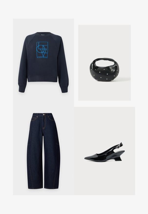 Marineblauwe sweatshirts met ronde hals en lange mouwen, met een blauw geometrisch ontwerp "LOVE is everywhere" in het midden van de borst.; Brede donkerblauwe denim broek met contrasterende oranje stiksels, vijf zakken en een knoop- en ritssluiting aan de taille.; Zwarte lakleren slingback schoen met spitse neus en lage schuine blokhak op een effen lichte achtergrond.; Zwarte leren handtas met een afgeronde vorm, versierd met zilveren studs, en een korte handgreep. Gladde textuur en ritsluiting.