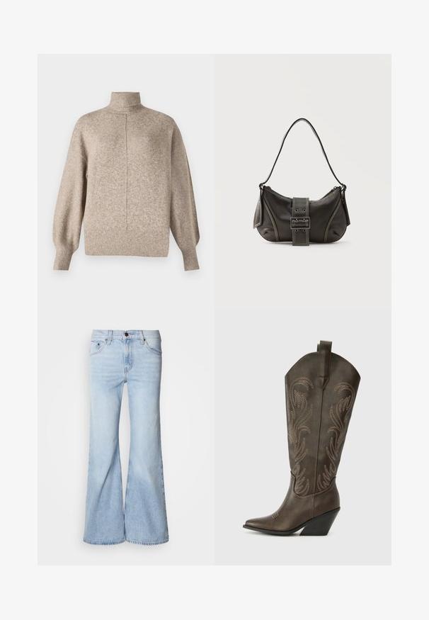 Vero Moda VMDOFFY - Pullover - sepia tint; Jean évasé bleu clair, avec une taille haute, en tissu denim, cinq poches et une fermeture par bouton. Les jambes sont larges et présentent une légère décoloration.; Botte de cowboy en cuir marron avec un embout pointu, un talon compensé et des broderies décoratives. Dispose d'un long tige et d'une languette de tirage.; Sac à épaule en cuir noir avec une sangle à boucle, des bords arrondis et des coutures blanches contrastées sur un fond uni.