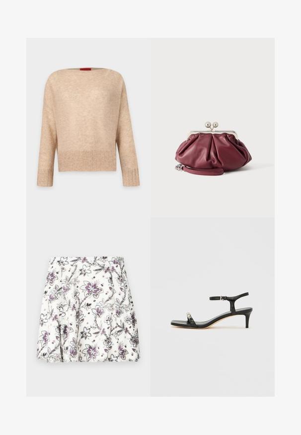Pull beige à manches longues en maille côtelée, col rond large, coupe décontractée et texture subtile ; présenté sur un fond clair uni.; Jupe à motif floral sur fond blanc, avec des feuilles violettes et noires. Design plissé avec une texture lisse, longueur au genou.; Sandale noire en cuir à talon avec bride à la cheville, bout ouvert, devant carré et accent en métal argenté. Design ajusté avec un profil élégant.; Petite pochette en cuir bordeaux avec fermoir en métal argenté et bracelet pour poignet sur fond blanc.
