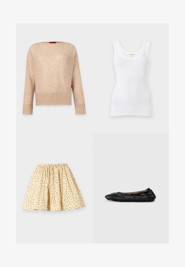 Pull beige à manches longues en maille côtelée, col rond large, coupe décontractée et texture subtile ; présenté sur un fond clair uni.; Débardeur blanc côtelé sans manches avec encolure dégagée, présenté à plat sur un fond clair.; Jupe beige à pois noirs, taille élastique froncée et design évasé plissé, posée à plat sur un fond clair.; Ballerines en cuir noir avec des détails froncés au col, bout rond et semelle en caoutchouc flexible. Texture lisse dans l'ensemble.