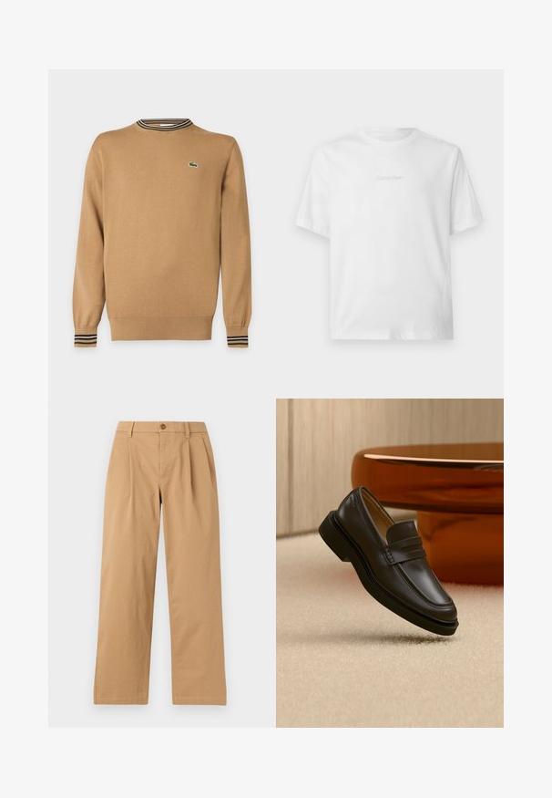 Pull beige à manches longues avec poignets et ourlet côtelés, détail col rayé et petit logo crocodile vert sur la poitrine.; T-shirt blanc à manches courtes avec col rond, avec un discret logo Calvin Klein embossé centré sur la poitrine.; Pantalon droit marron clair avec des plis à l'avant, des passants de ceinture et une fermeture par bouton à la taille, présenté sur un fond uni.; Mocassin en cuir noir flottant au-dessus d'un tapis beige avec des meubles arrondis marron en arrière-plan.