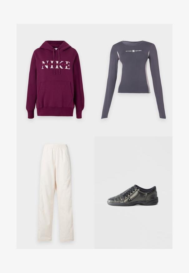Lilla Nike hoodie med en frontlomme, snoretræk i hætten og stor hvid tekst "NIKE SPORTWEAR." Blødt stof og ribbede manchetter.; Mørkegrå langærmet tætsiddende atletiktrøje med lysegrå sidepaneler og hvidt "Nike Shox" logo på brystet.; Løse, cremefarvede bukser med elastisk talje og lige ben, vist mod en ensfarvet hvid baggrund.; Sort lavtop Nike-sneaker med snørebånd, syet detaljering og en tekstureret sål imod en simpel hvid baggrund.