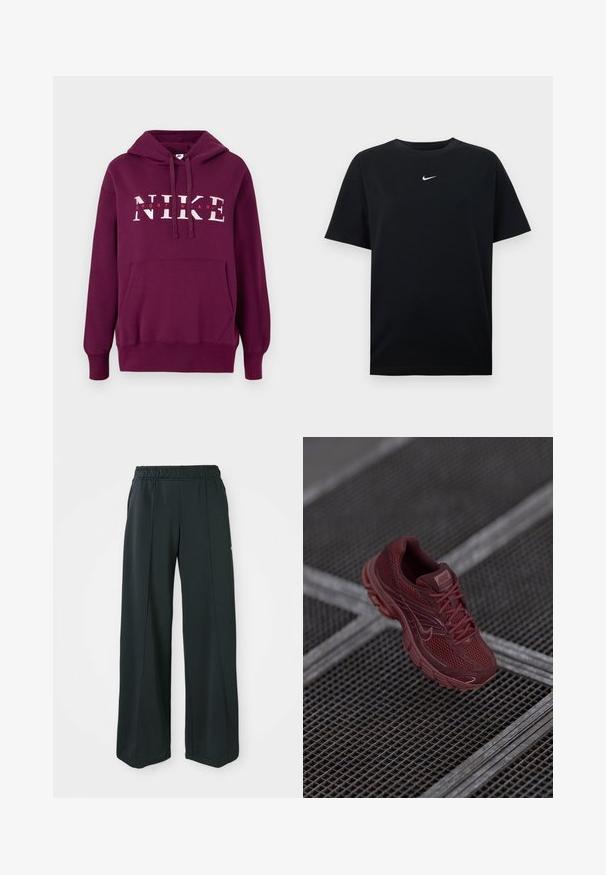 Lilla Nike hoodie med en frontlomme, snoretræk i hætten og stor hvid tekst "NIKE SPORTWEAR." Blødt stof og ribbede manchetter.; Sort bomulds-T-shirt med rund hals og korte ærmer. Har en lille hvid Nike-logo centreret på brystet. Glat tekstur.; Sorte, brede atletiske bukser med elastisk talje. Lavet af glat, strækbart stof, med diskrete frontsyninger og ingen lommer.; Rød Nike løbesko med et mesh-overdel, tekstureret detaljering, polstret krave og tyk sål, placeret over en gitteroverflade.
