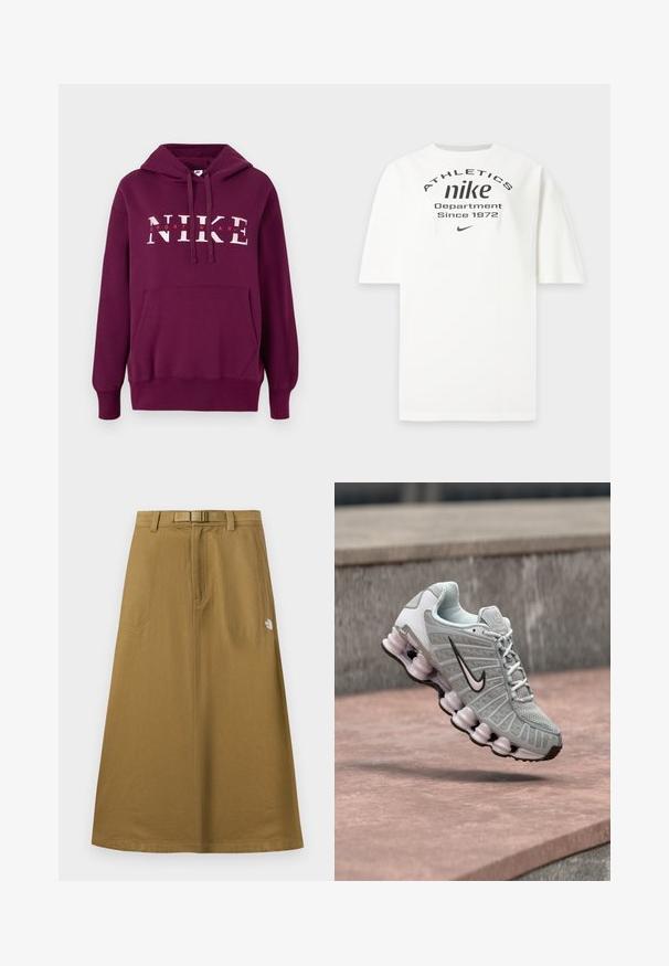 Lilla Nike hoodie med en frontlomme, snoretræk i hætten og stor hvid tekst "NIKE SPORTWEAR." Blødt stof og ribbede manchetter.; Hvid Nike t-shirt med sort tekst "ATHLETICS nike Department Since 1972" og et lille Nike swoosh-logo under teksten.; Lang, lysebrun udendørsskjørt med forlommer, integreret bælte og The North Face-logo på højre side.; Lysegrå Nike-sneaker med sort swoosh-logo, hvide snørebånd og karakteristisk forårsagtig sål, vist svævende over en stensurface.