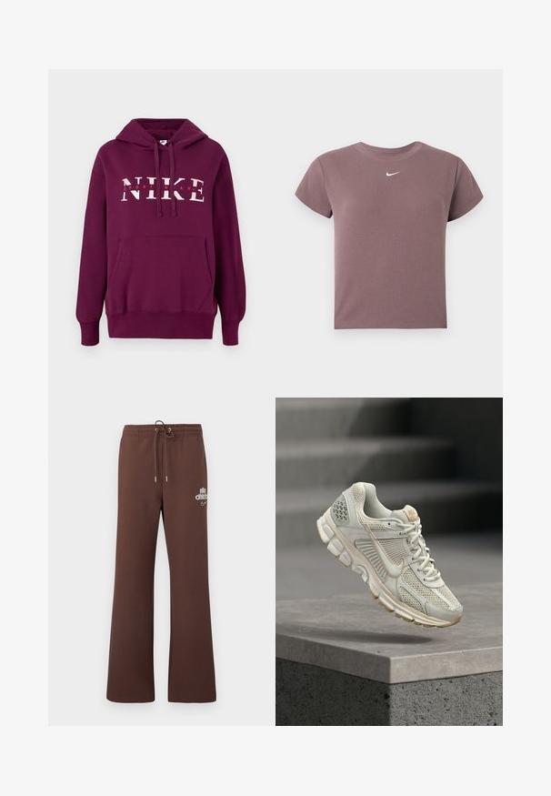 Lilla Nike hoodie med en frontlomme, snoretræk i hætten og stor hvid tekst "NIKE SPORTWEAR." Blødt stof og ribbede manchetter.; Mauve ribbet kortærmet crop top med rund hals og lille hvid Nike-logo centreret under halsudskæringen.; Brune joggingbukser lavet af blødt stof med snor i taljen, vide ben og et diskret logo trykt i hvidt på venstre lår.; Lys beige løbesko med mesh-overdel, blød foring, gummisål og brune accenter. Har et markant side swoosh-logo og teksturerede paneler.