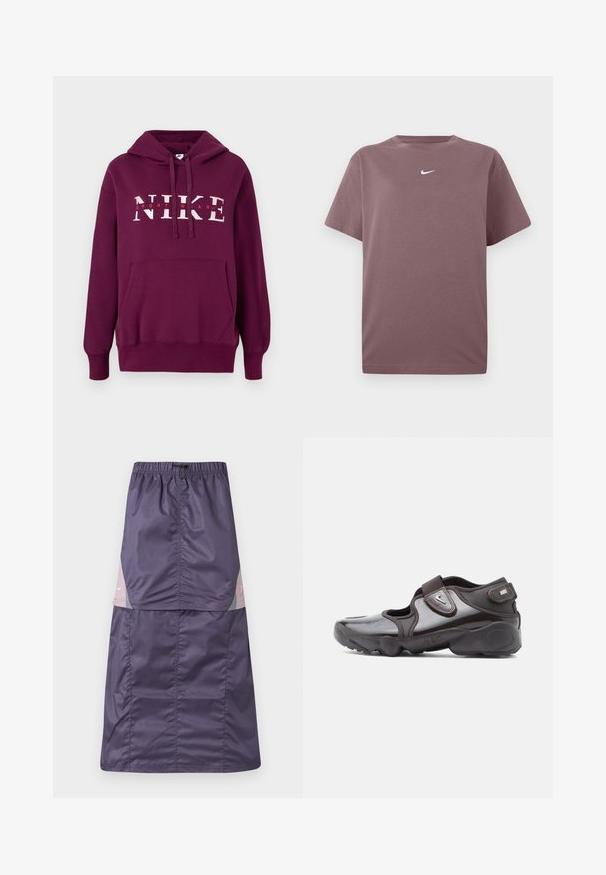 Lilla Nike hoodie med en frontlomme, snoretræk i hætten og stor hvid tekst "NIKE SPORTWEAR." Blødt stof og ribbede manchetter.; En ensfarvet mauve kortærmet crewneck t-shirt med en lille hvid Nike swoosh centreret på brystet, præsenteret på hvid baggrund.; Lilla nylon nederdel med elastisk talje, der har farveblokpaneler i pink og grøn samt en lille hvid logo på den øverste del.; Mørkebrune sportssko med en blank finish, velcrolukning, rundet tå og en tekstureret sål med polstrede designelementer.