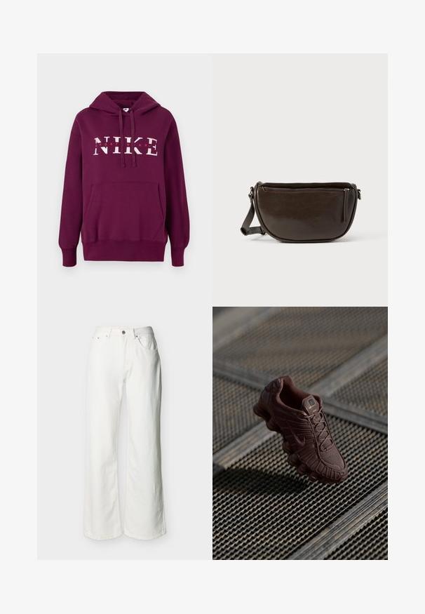 Lilla Nike hoodie med en frontlomme, snoretræk i hætten og stor hvid tekst "NIKE SPORTWEAR." Blødt stof og ribbede manchetter.; Hvide jeans med høj talje, knap- og lynlåslukning, forlommer og let udvidede ben, vist på en ensfarvet baggrund.; Brun Nike sneaker med tekstureret mesh-overdel, karakteristisk buet sål og polstret krave, vist mod en mønstret baggrund.; Brun læder crossbody-taske med en afrundet form, der har en lynlås lukning øverst og en sidelomme med lynlås. Glat tekstur med mat finish.