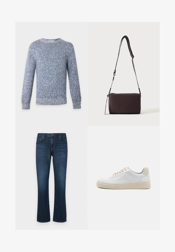 Pull tricoté chiné bleu et blanc à col rond, manches longues, poignets et ourlet côtelés.; Jean en denim bleu foncé avec une coupe droite, cinq poches et une fermeture à bouton en métal. Texture lisse avec un léger dégradé.; Sneaker blanche avec un dessus en cuir lisse, des lacets beige et un onglet de talon en daim beige texturé. Semelle surélevée pour une hauteur supplémentaire.; Sac bandoulière en cuir marron foncé texturé avec une sangle réglable et un petit accent décoratif bleu sur le côté.