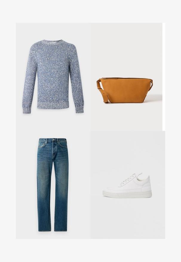 Pull tricoté chiné bleu et blanc à col rond, manches longues, poignets et ourlet côtelés.; Jeans en denim bleu avec une coupe droite, présentant un style à cinq poches, un léger délavage et des accents de couture contrastants.; Baskets en cuir blanc avec un embout arrondi, une semelle plate et un laçage à l'avant. Présentent des détails de couture et un col rembourré pour plus de confort.; Sac bandoulière en cuir marron clair avec sangle réglable et fermeture éclair, présenté sur un fond clair uni.
